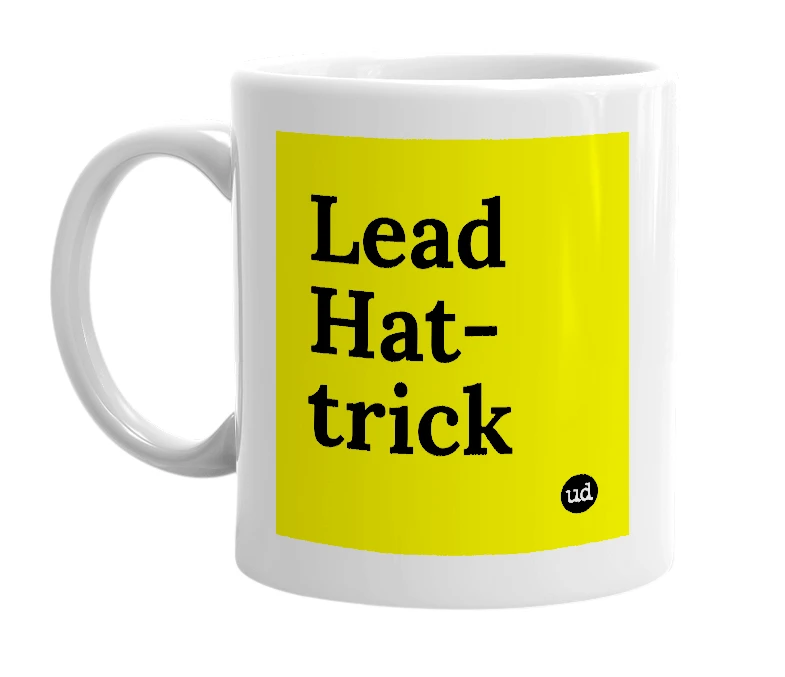 White mug with 'Lead Hat-trick' in bold black letters
