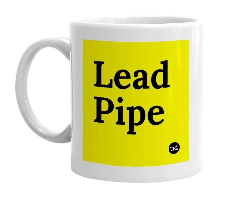 White mug with 'Lead Pipe' in bold black letters