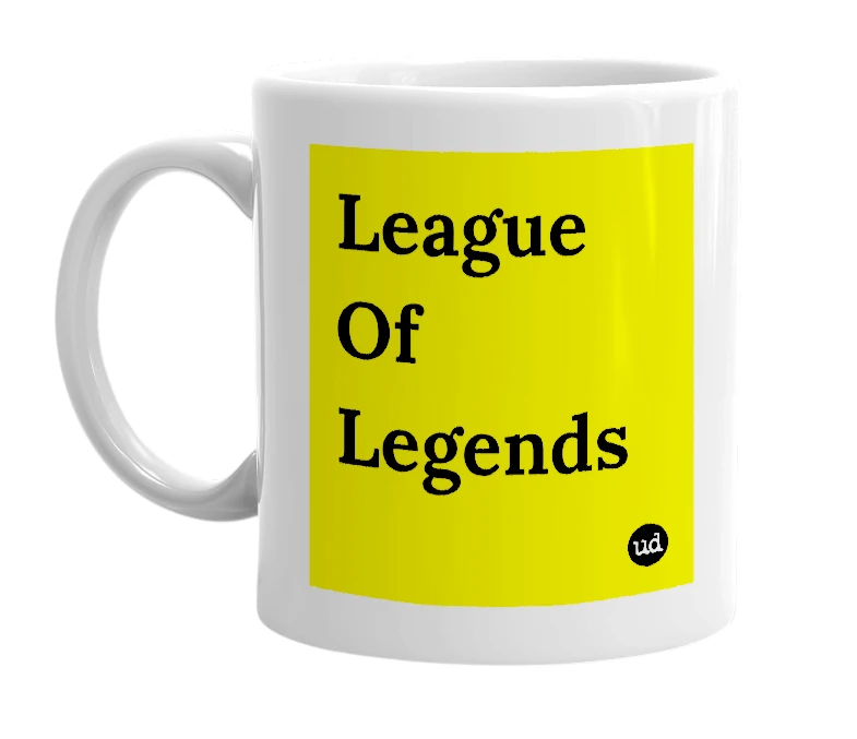 White mug with 'League Of Legends' in bold black letters