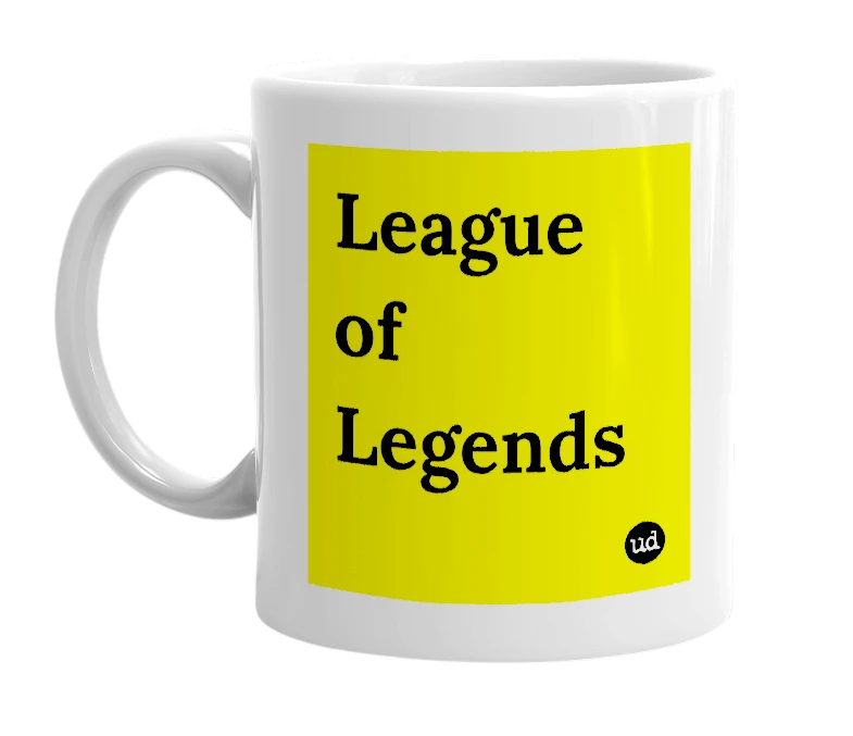 White mug with 'League of Legends' in bold black letters