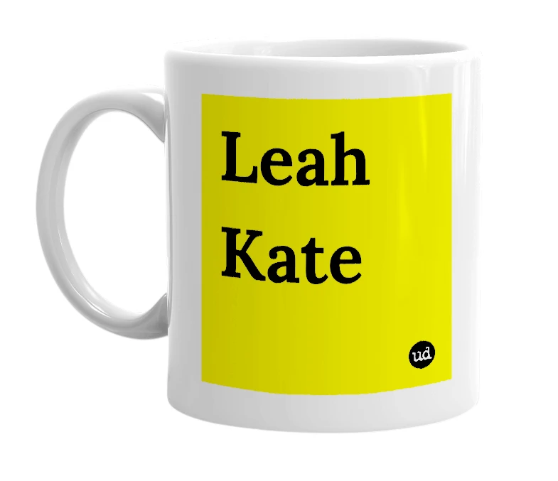 White mug with 'Leah Kate' in bold black letters