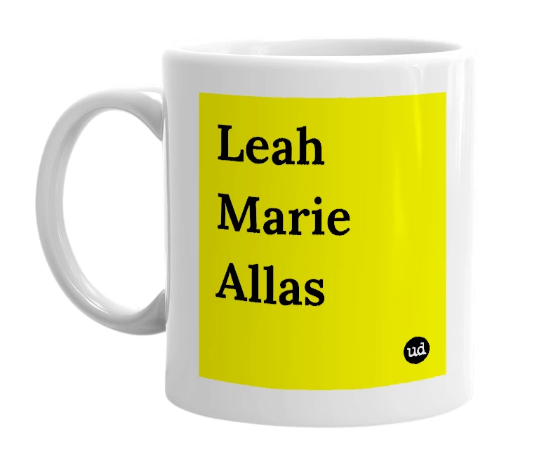 White mug with 'Leah Marie Allas' in bold black letters