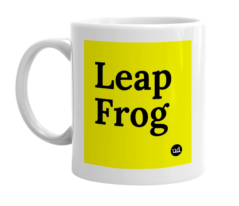 White mug with 'Leap Frog' in bold black letters