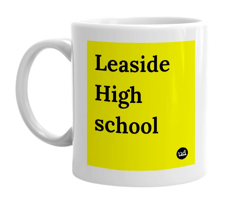 White mug with 'Leaside High school' in bold black letters