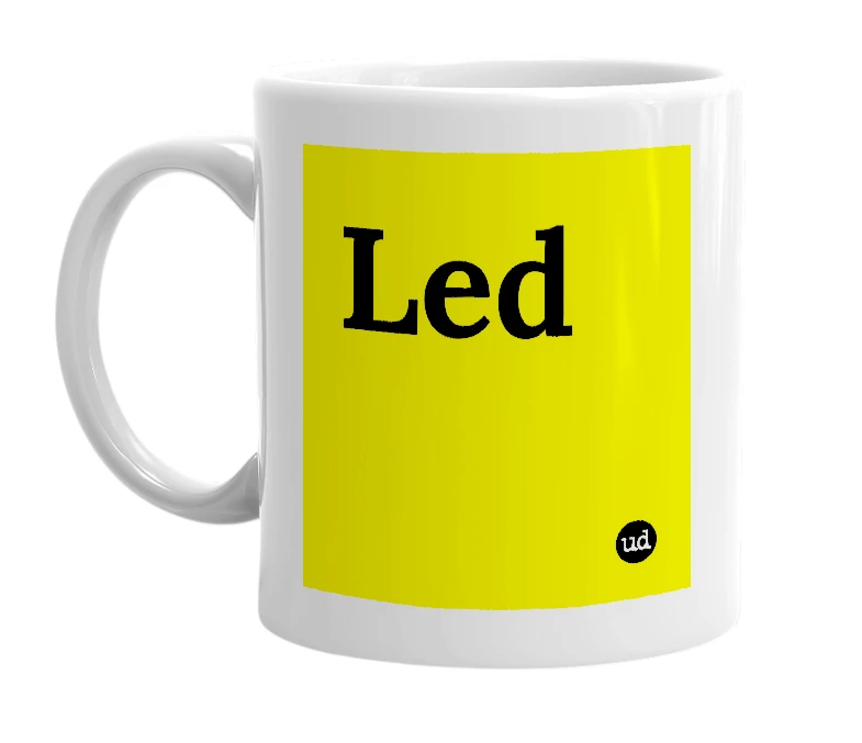 White mug with 'Led' in bold black letters