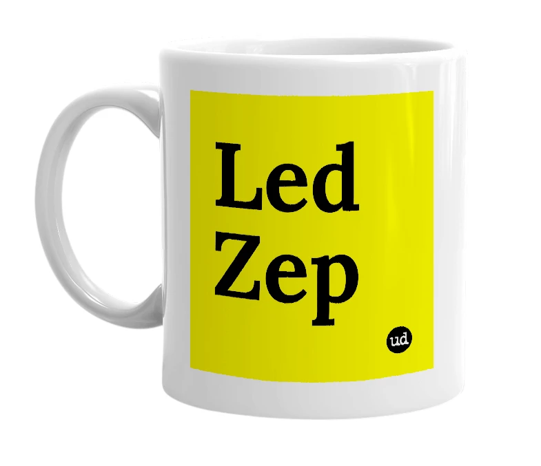 White mug with 'Led Zep' in bold black letters