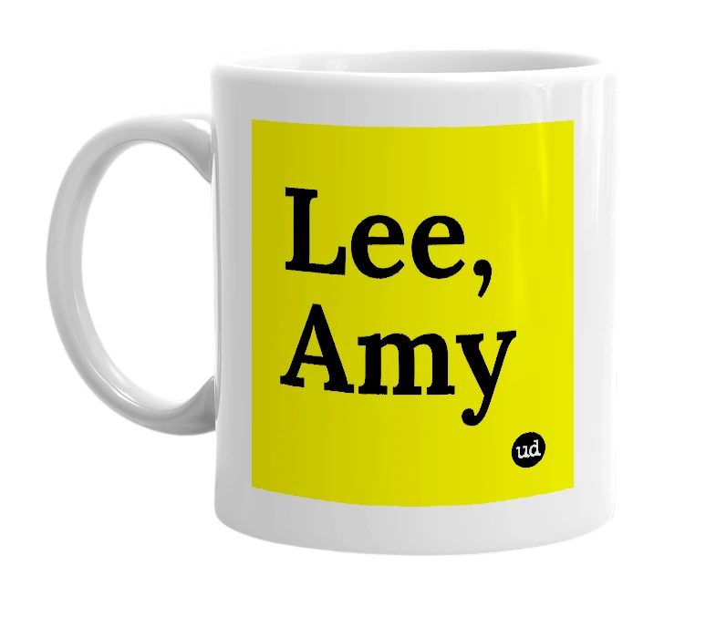 White mug with 'Lee, Amy' in bold black letters