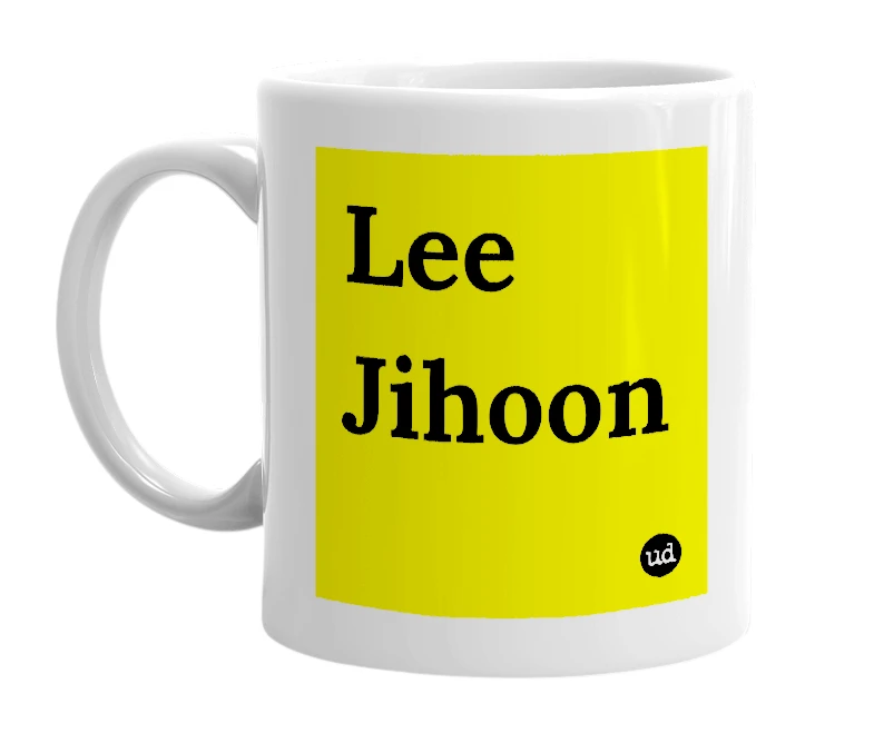 White mug with 'Lee Jihoon' in bold black letters