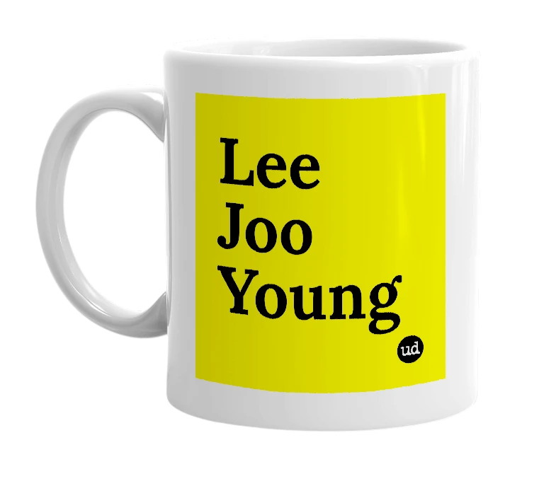 White mug with 'Lee Joo Young' in bold black letters