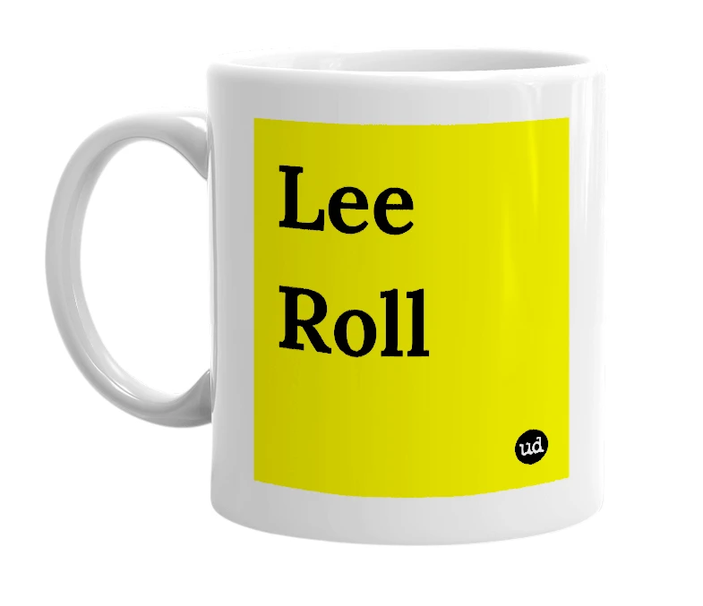 White mug with 'Lee Roll' in bold black letters