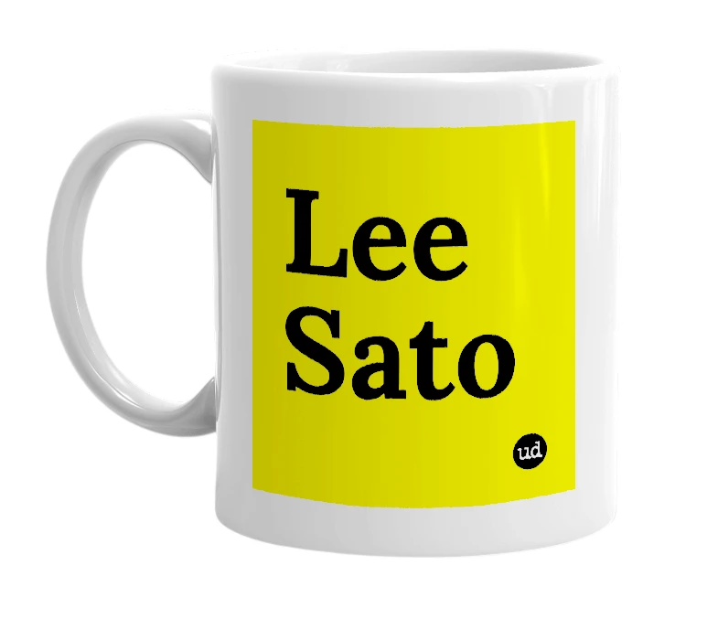 White mug with 'Lee Sato' in bold black letters