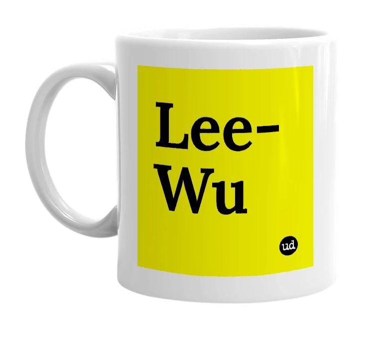 White mug with 'Lee-Wu' in bold black letters