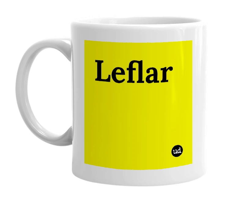 White mug with 'Leflar' in bold black letters