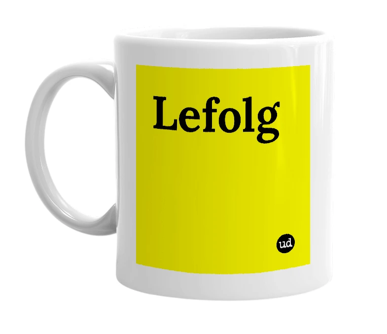 White mug with 'Lefolg' in bold black letters