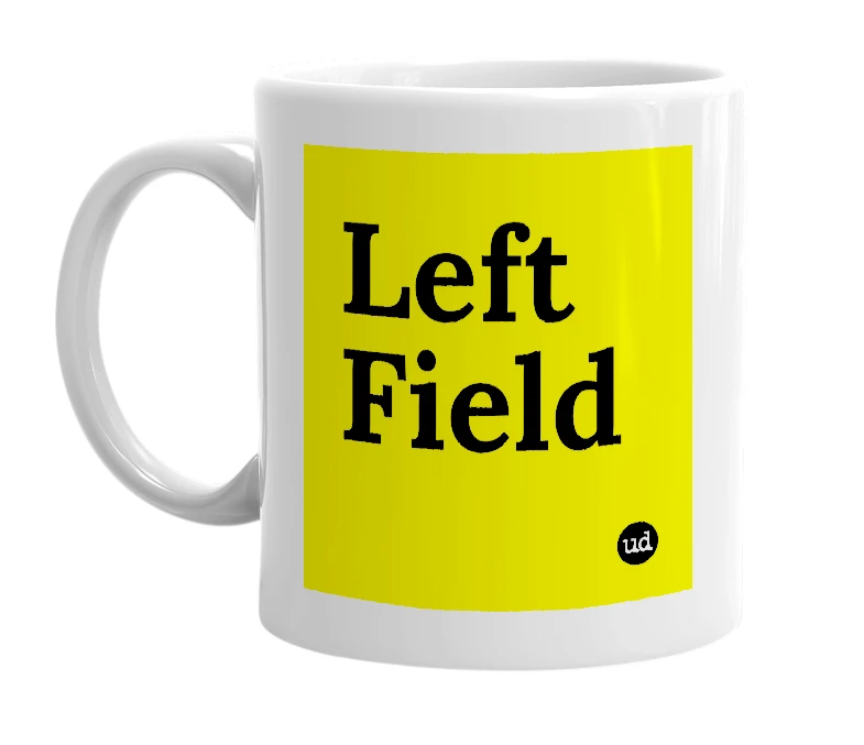 White mug with 'Left Field' in bold black letters