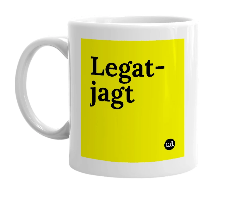 White mug with 'Legat-jagt' in bold black letters