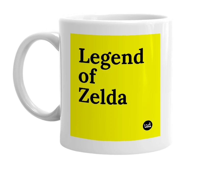 White mug with 'Legend of Zelda' in bold black letters