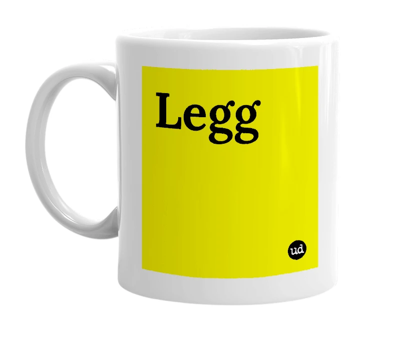 White mug with 'Legg' in bold black letters