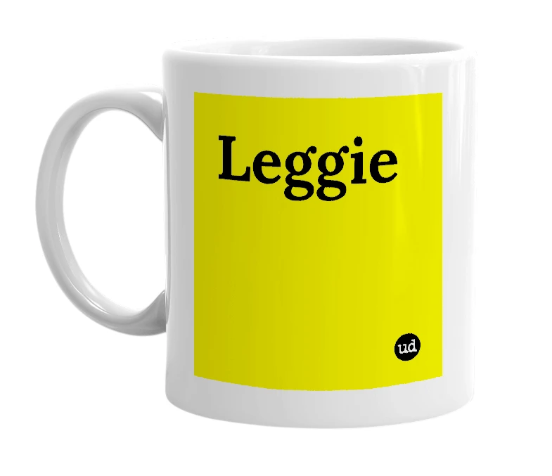 White mug with 'Leggie' in bold black letters
