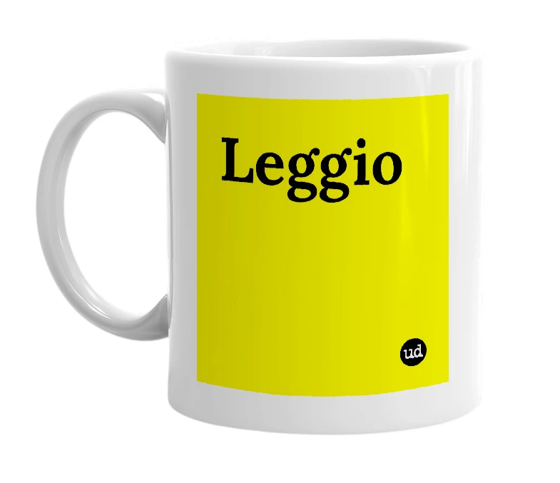 White mug with 'Leggio' in bold black letters