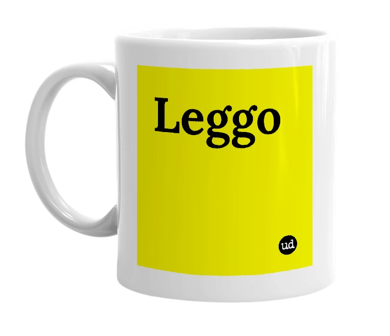 White mug with 'Leggo' in bold black letters