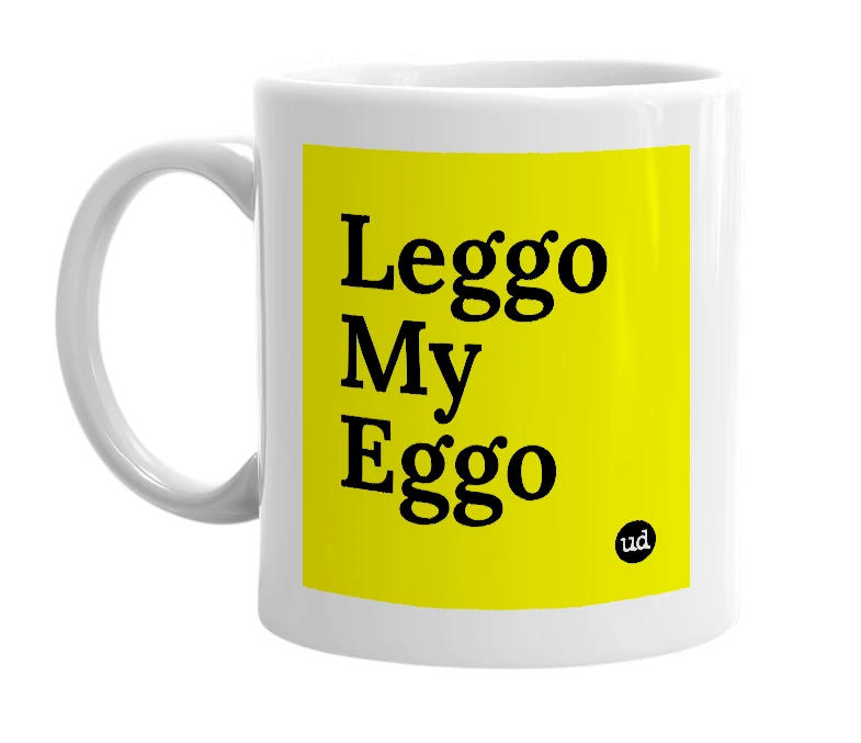 White mug with 'Leggo My Eggo' in bold black letters