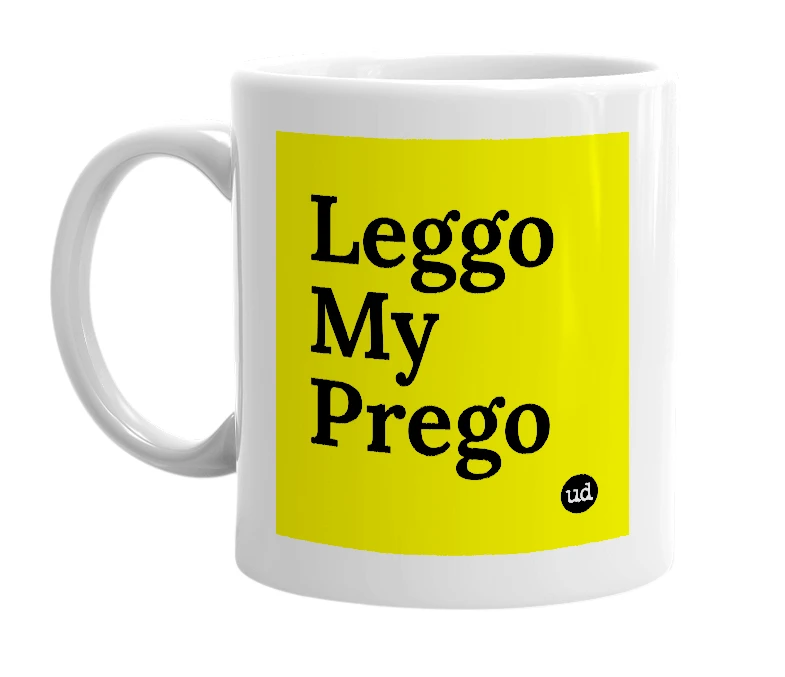 White mug with 'Leggo My Prego' in bold black letters