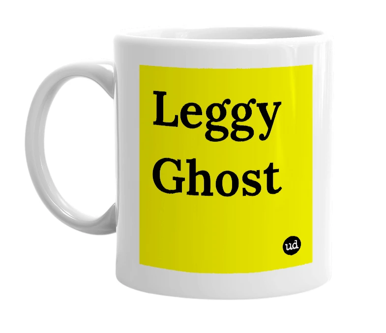 White mug with 'Leggy Ghost' in bold black letters