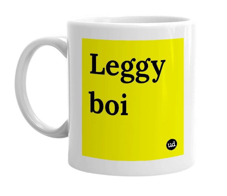 White mug with 'Leggy boi' in bold black letters