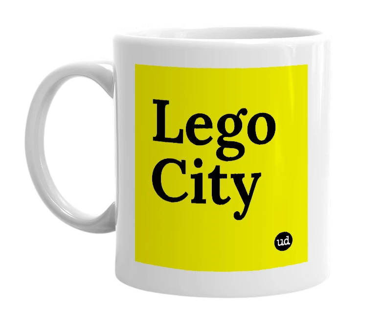 White mug with 'Lego City' in bold black letters