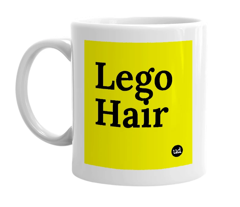 White mug with 'Lego Hair' in bold black letters
