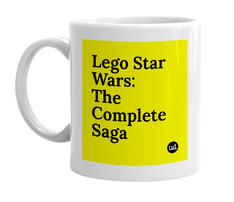 White mug with 'Lego Star Wars: The Complete Saga' in bold black letters