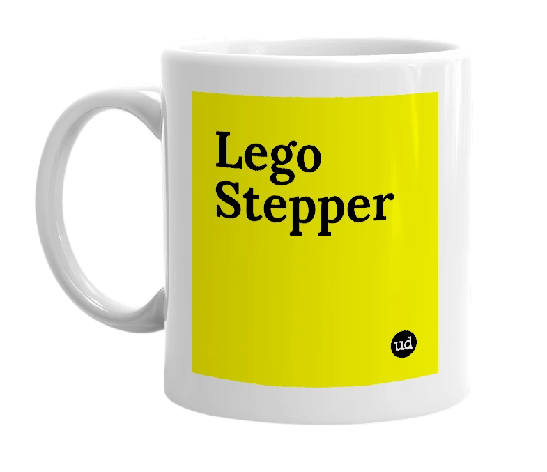 White mug with 'Lego Stepper' in bold black letters