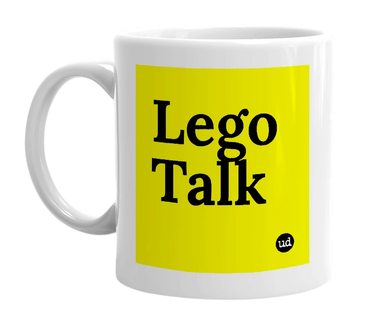 White mug with 'Lego Talk' in bold black letters