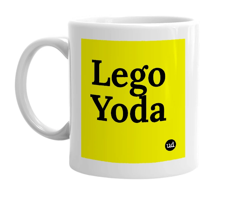 White mug with 'Lego Yoda' in bold black letters
