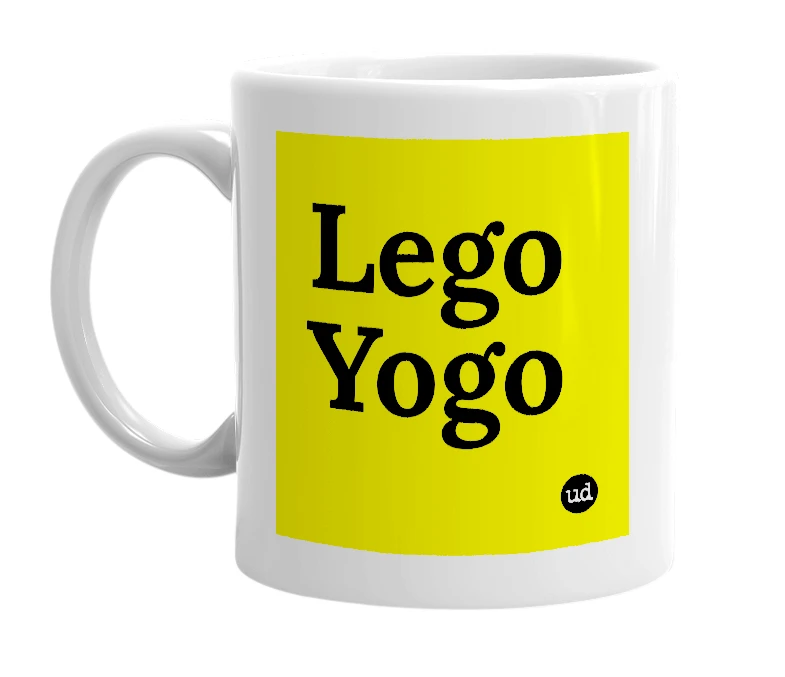 White mug with 'Lego Yogo' in bold black letters