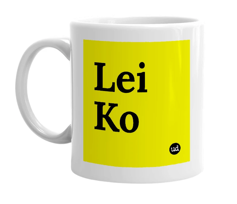 White mug with 'Lei Ko' in bold black letters