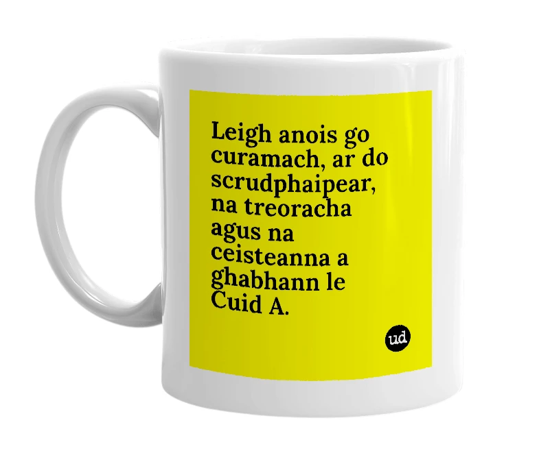 White mug with 'Leigh anois go curamach, ar do scrudphaipear, na treoracha agus na ceisteanna a ghabhann le Cuid A.' in bold black letters