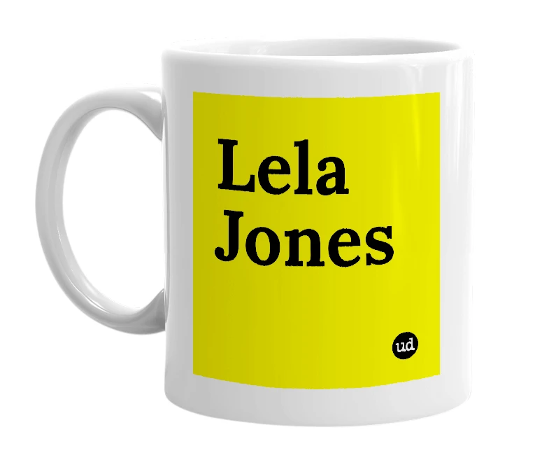 White mug with 'Lela Jones' in bold black letters