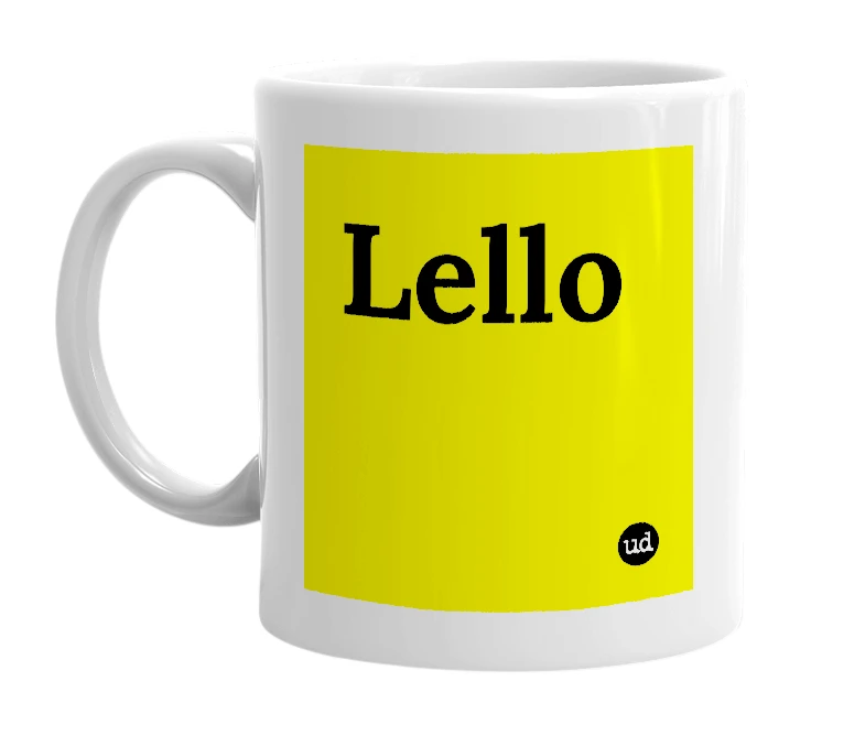 White mug with 'Lello' in bold black letters