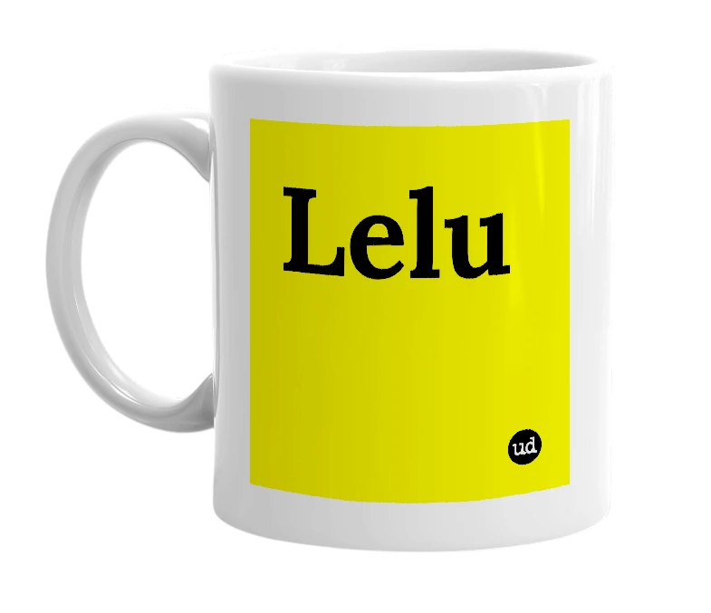 White mug with 'Lelu' in bold black letters