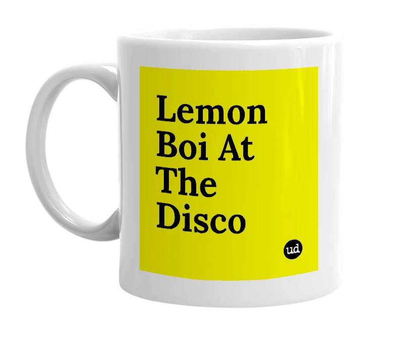 White mug with 'Lemon Boi At The Disco' in bold black letters