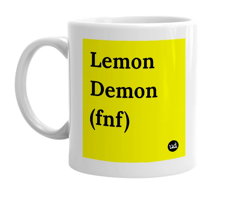 White mug with 'Lemon Demon (fnf)' in bold black letters