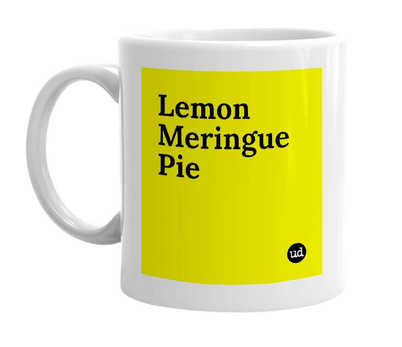 White mug with 'Lemon Meringue Pie' in bold black letters