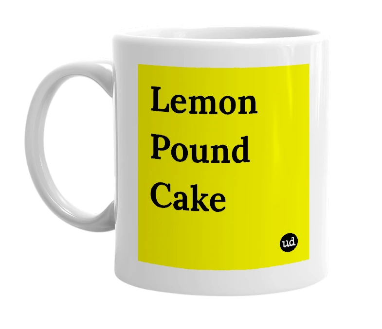 White mug with 'Lemon Pound Cake' in bold black letters