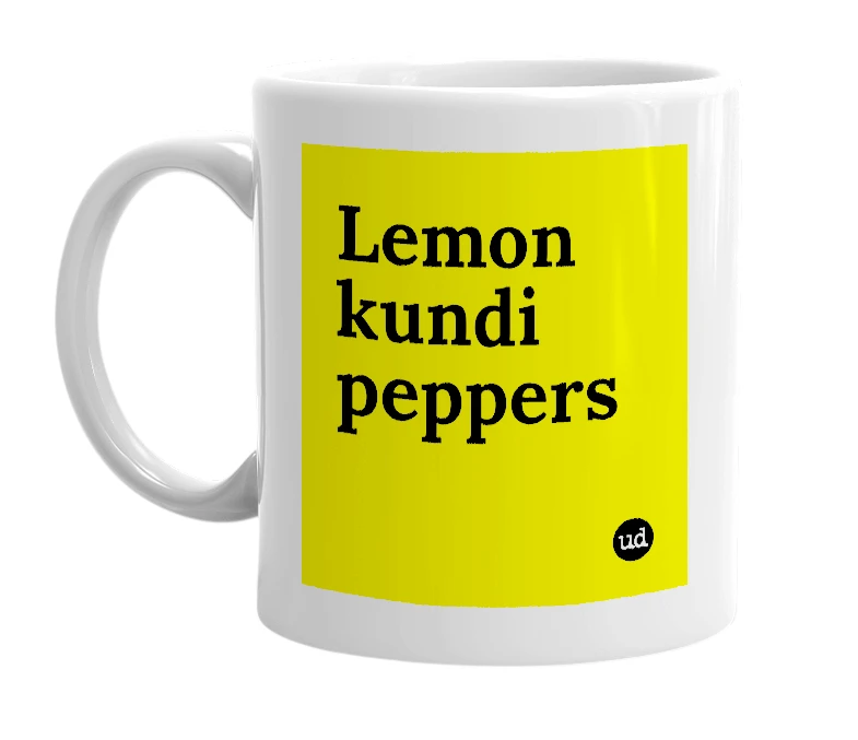 White mug with 'Lemon kundi peppers' in bold black letters