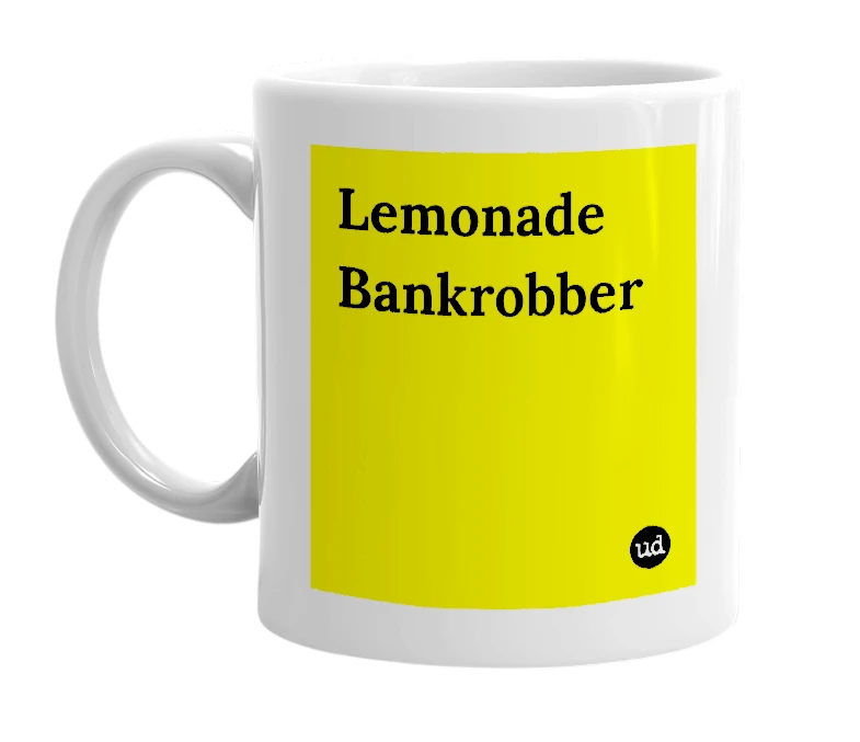 White mug with 'Lemonade Bankrobber' in bold black letters