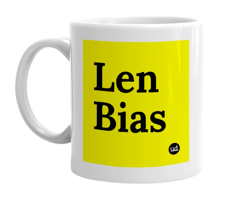 White mug with 'Len Bias' in bold black letters