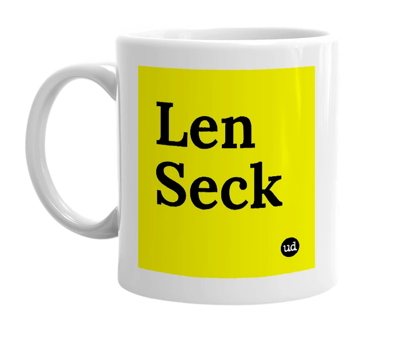 White mug with 'Len Seck' in bold black letters