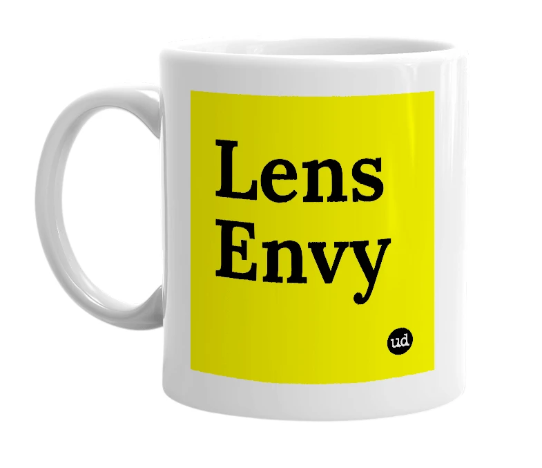 White mug with 'Lens Envy' in bold black letters